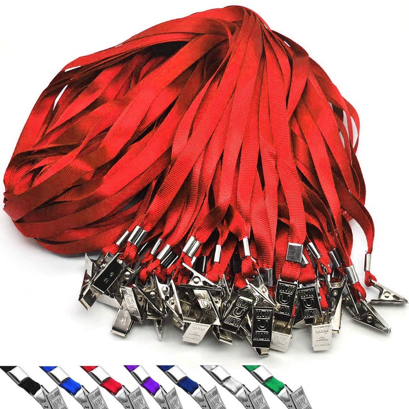 Beebel Red Lanyards 100 Pack Nylon Flat Badge Lanyard Bulldog Clip for Id Badge Name Tag (Red, 100 Pack) - Image 1